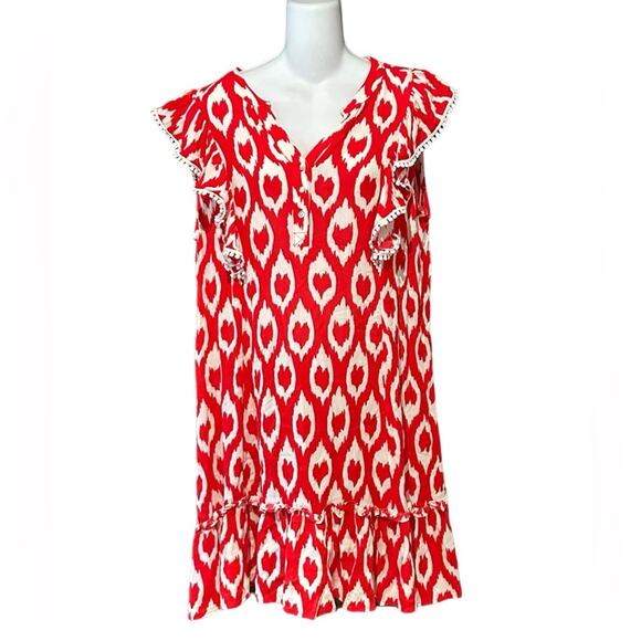 JODIFL Dresses & Skirts - Jodifl Women’s Large Red and White Gauze like Summer Dress with Ruffle Sleeves